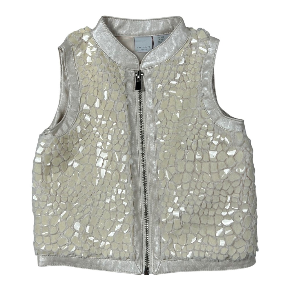 Tahari Baby Girls Shimmer Faux Fur Leather‎ Vest Cream Crocodile  Size 18M